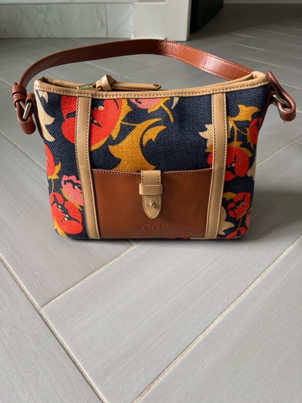Spartina 449 Navy Floral Shoulder Bag with Brown & Tan Trim